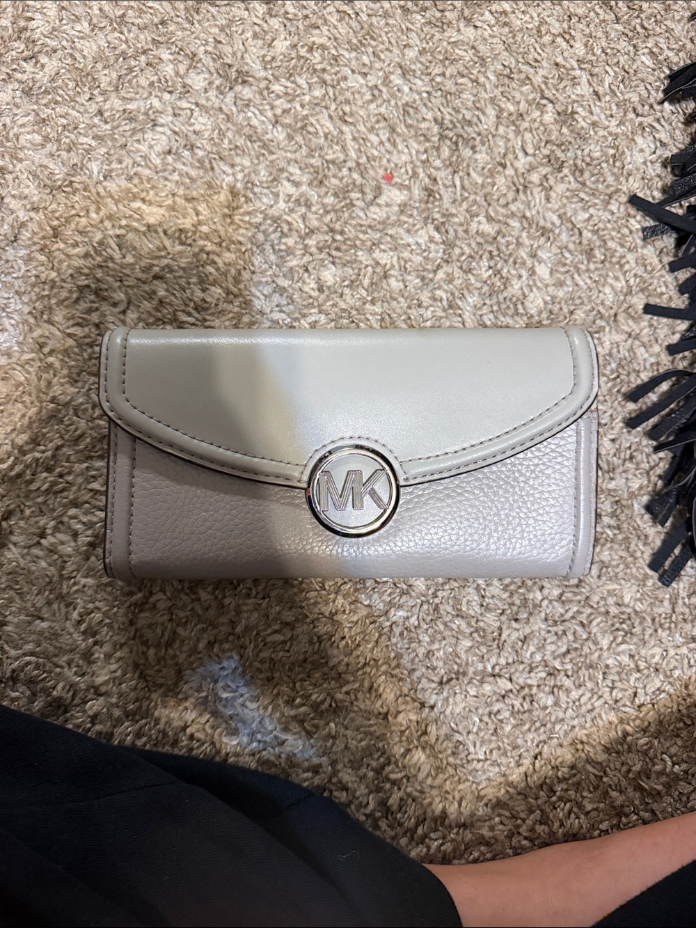 Michael Kors Light Beige Pebbled Leather Trifold Wallet with MK Medallion